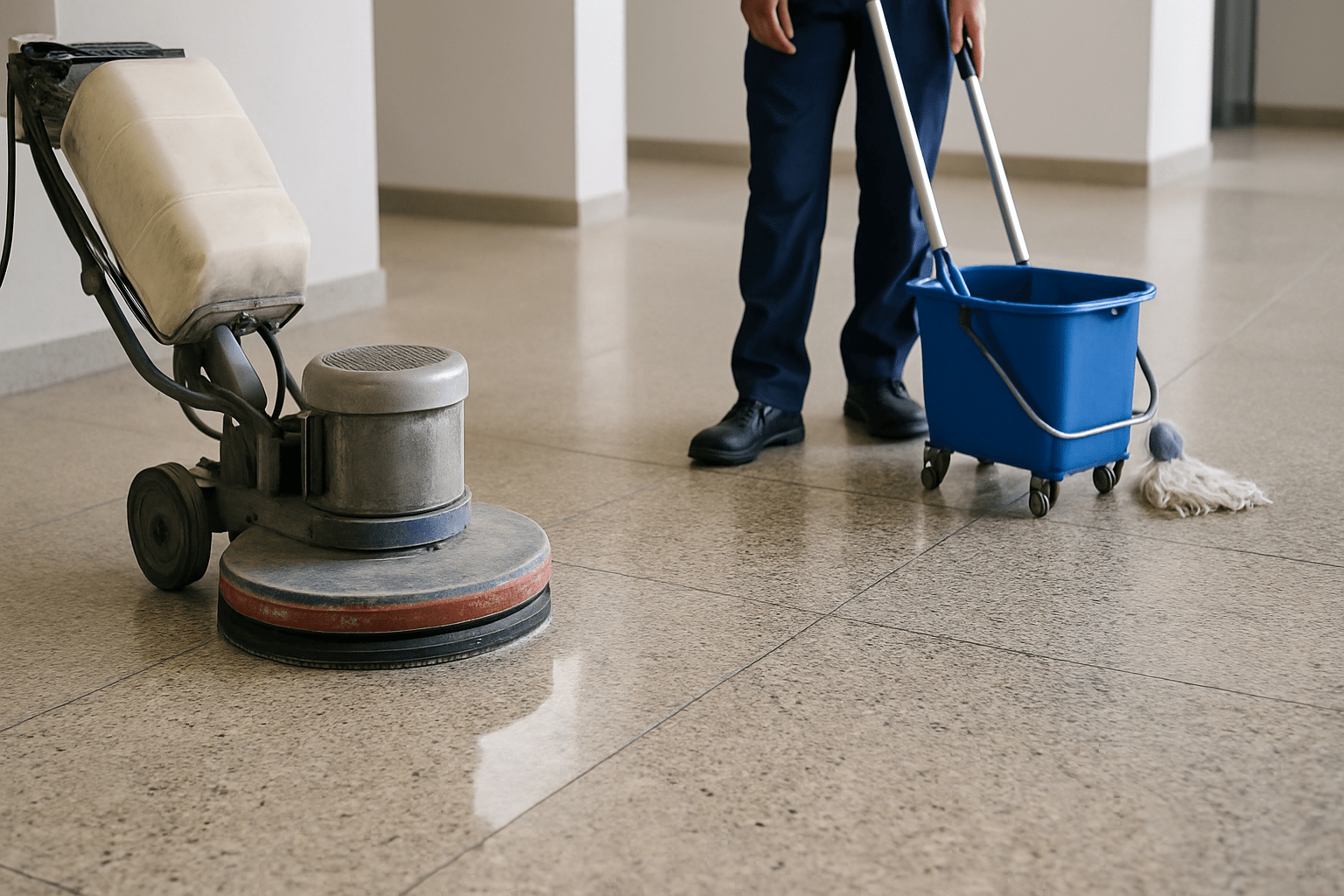 עובד ניקיון מבצע פוליש לרצפה עם מכונת ליטוש מקצועית ודלי כחול לניקוי, בחלל משרדי מואר ובעל רצפת שיש מבריקה.