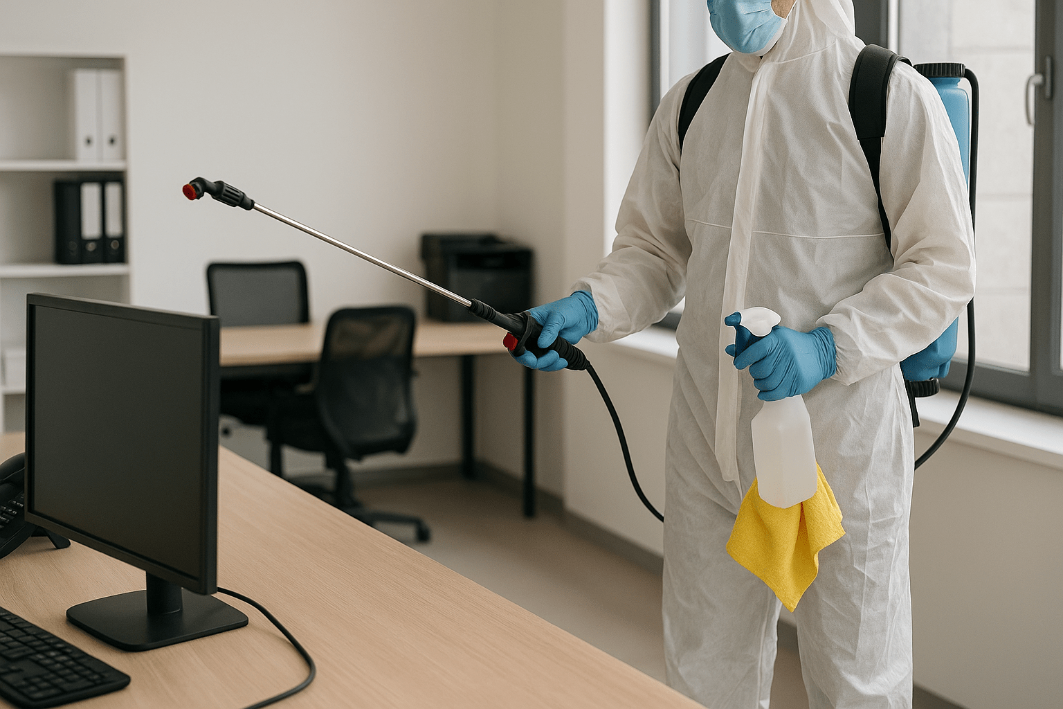 עובד ניקיון לבוש חליפת מגן מלאה מבצע חיטוי במשרד מודרני באמצעות מרסס גב ובקבוק ספריי, כשהוא עומד מול שולחן מחשב בסביבה מוארת ומסודרת.