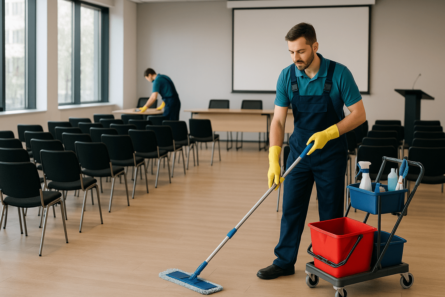 צוות מקצועי מבצע ניקיון אחרי אירועים עסקיים, כולל שטיפת רצפה וניקוי שולחנות, באווירה מוארת ונקייה.