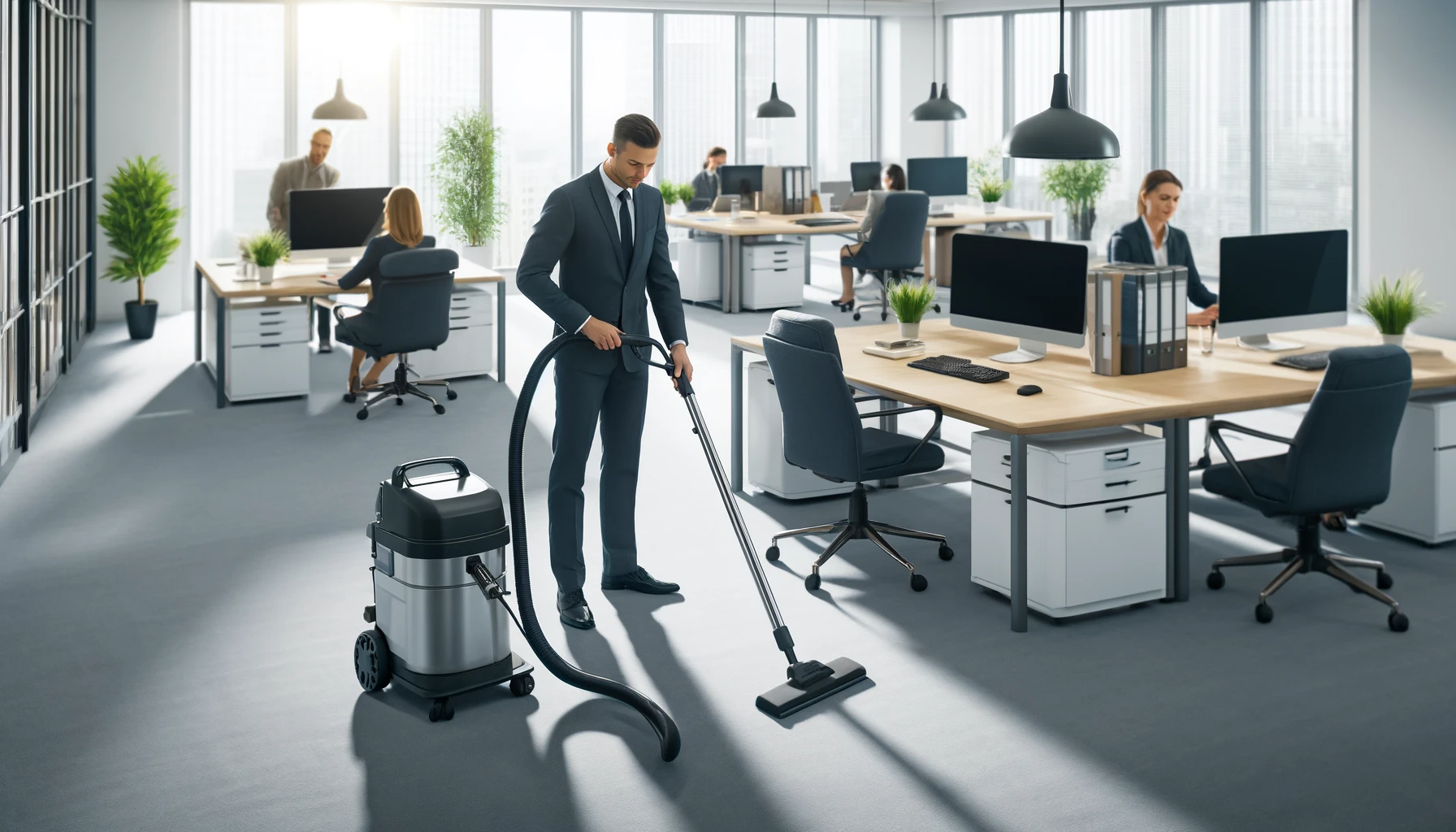 עובד ניקיון מנקה שטיח במשרד מודרני באמצעות מכונת ניקוי, בעוד עובדים עובדים בסביבה מסודרת ונעימה.