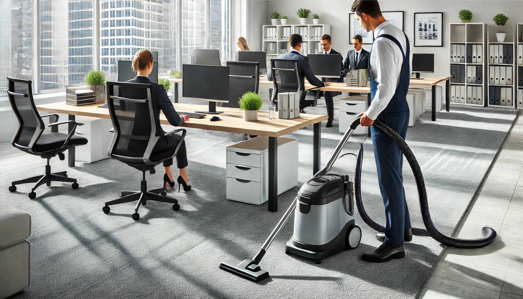 עובד ניקיון מנקה שטיח במשרד מודרני עם ציוד מקצועי, בעוד עובדים נהנים מסביבה נקייה ומסודרת.