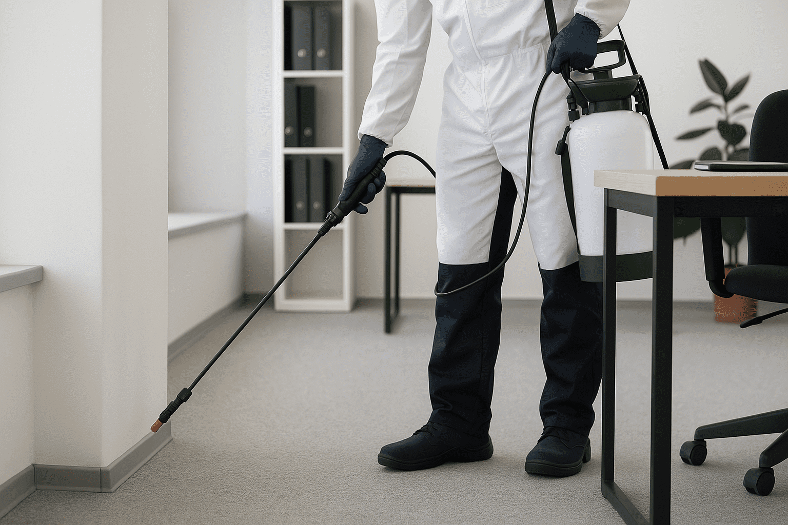 הדברה למשרדים – טכנאי מקצועי מבצע ריסוס במשרד מודרני, לבוש בבגדי מגן ומצויד במרסס ידני, בסביבת עבודה נקייה ומסודרת.